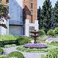 Landscape Garden Design with Red Brick Walls Steps Green Plants and Purple Flowers