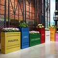 Colorful Garden Decor Planters With Green Plants And Flowers In Indoor Café