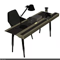 Modern Wooden Coffee Table With Black Desk Lamp Camera Tablet And Dark Chair