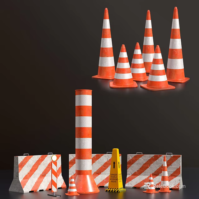Essential Road Traffic Facilities With Orange White Striped Cones Barriers And Posts 3d model 