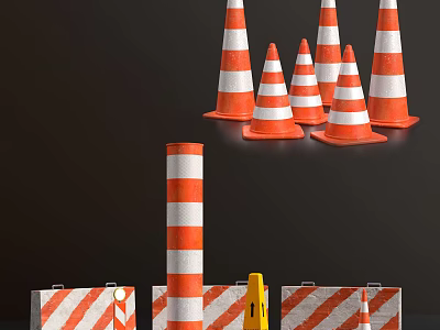 Essential Road Traffic Facilities With Orange White Striped Cones Barriers And Posts 3d model