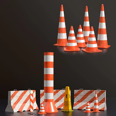 Essential Road Traffic Facilities With Orange White Striped Cones Barriers And Posts 3d model