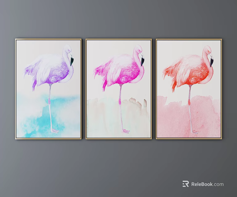 Watercolor Flamingo Animal Paintings in Purple Pink Red Framed Wall Art 3d model 