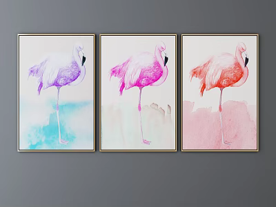 Watercolor Flamingo Animal Paintings in Purple Pink Red Framed Wall Art 3d model
