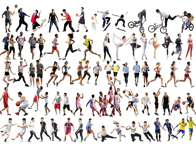 Group Of People In Different Active Poses And Dynamic Sports Movements 3d model