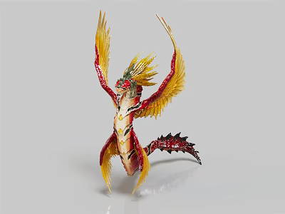 Decorative Dragon Figurine With Yellow Red Feathers And Spread Wings Detailed Design 3d model