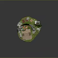 Cartoon Landscape Miniature with Wooden House Green Trees Little Figure Tree House and Wooden Stairs