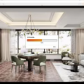 Modern Hotel Mahjong Room Interior With Chandelier Large Windows And Comfortable Chairs