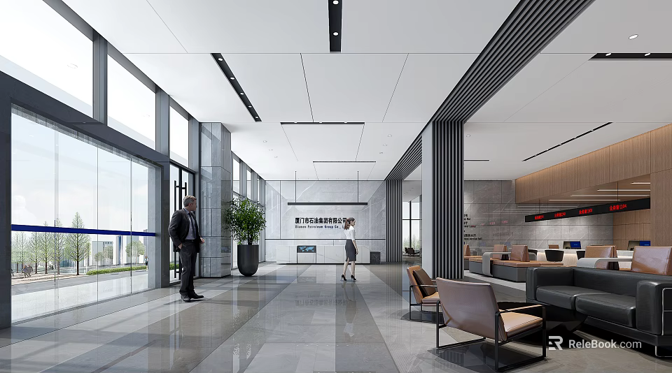 Modern Reception Desk Area With Spacious Lobby Glass Doors Green Plants And Sofa Seating 3d model 