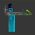 3D Floating Island Scene With Blue Building Geometric Patterns Green Grass Trees Flowers And Waterfall