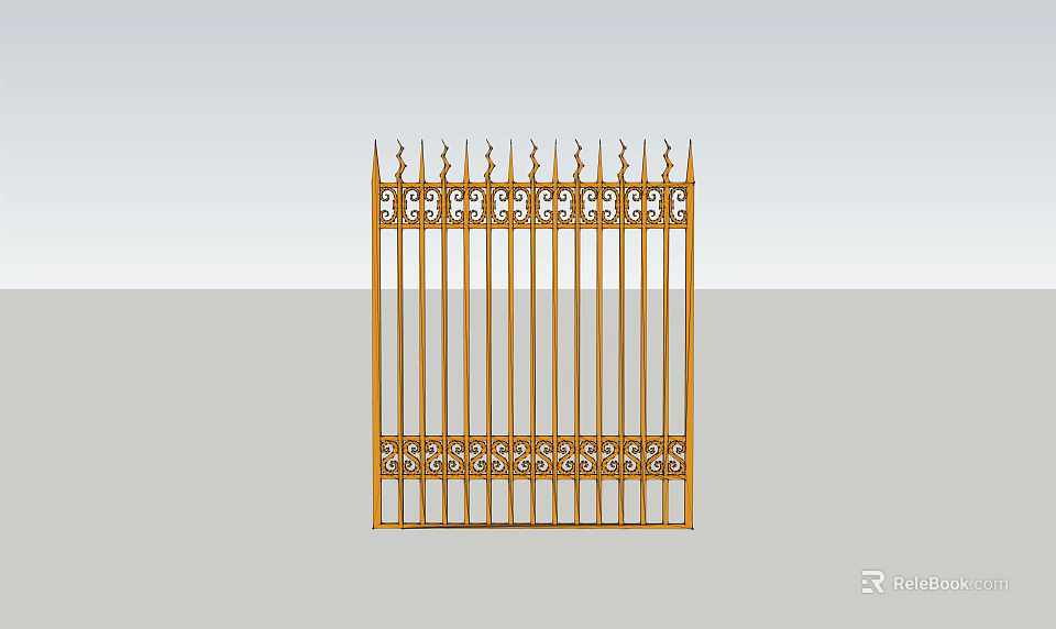 Golden Wrought Iron Fence With Decorative Ornate Patterns And Spiked Top 3d model 