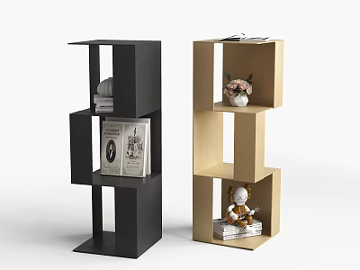 Modern Black and Beige Bookcase with Multiple Shelves Decorative Items and Books 3d model