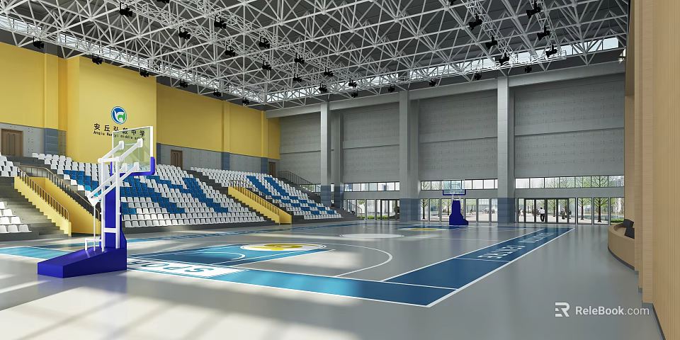 Basketball Gymnasium Interior With Blue Yellow Floor White Blue Seats And Yellow Walls 3d model 