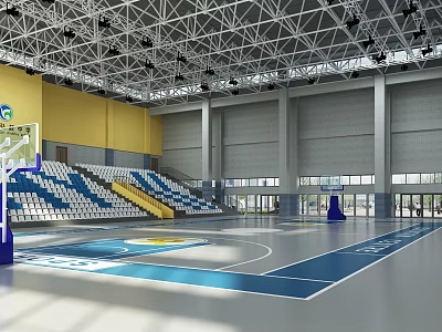 Basketball Gymnasium Interior With Blue Yellow Floor White Blue Seats And Yellow Walls 3d model