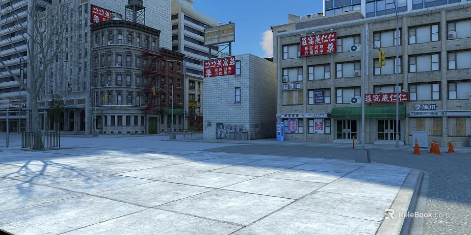 Diverse Style Residential Buildings With Red Brick Gray Masonry And Billboards Near Open Square 3d model 