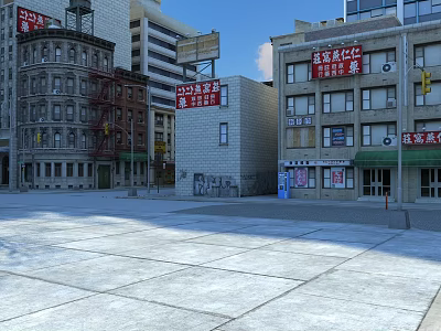 Diverse Style Residential Buildings With Red Brick Gray Masonry And Billboards Near Open Square 3d model