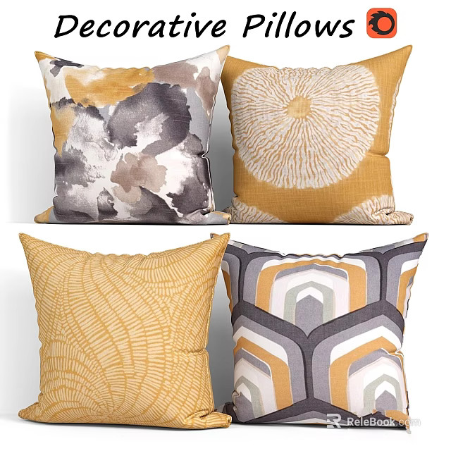 Decorative Throw Pillows With Abstract Watercolor And Geometric Patterns In Yellow Gray Tones 3d model 
