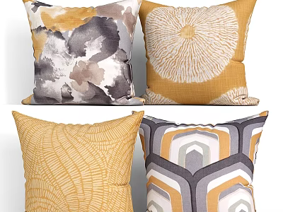 Decorative Throw Pillows With Abstract Watercolor And Geometric Patterns In Yellow Gray Tones 3d model