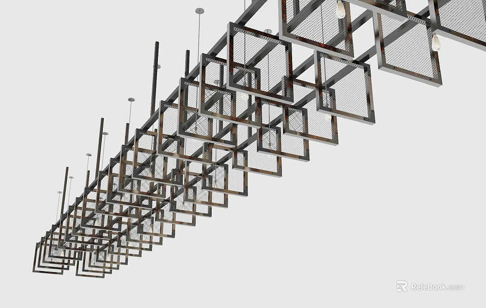 Modern Geometric Chandelier Design With Multiple Square Frames Hanging In Interior Space 3d model 