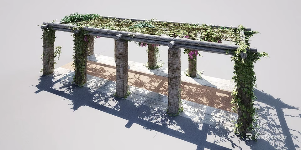 Garden Landscape Pergola with Stone Columns Vines Purple Flowers and Paved Floor 3d model 