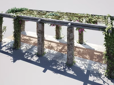 Garden Landscape Pergola with Stone Columns Vines Purple Flowers and Paved Floor 3d model