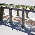 Garden Landscape Pergola with Stone Columns Vines Purple Flowers and Paved Floor