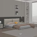 Double Bed With Black Headboard Beige Pillows Brown Blanket Nightstand Wall Art And Window Blinds