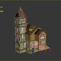 Multi Story Wooden House With Red Steeple Tower And Vines Covered Veranda