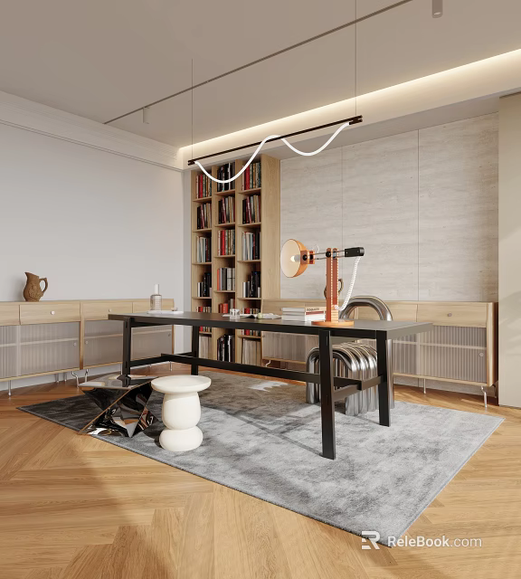 Modern Study Room Interior Design With Wooden Bookshelf Large Desk And Modern Floor Lamp 3d model 