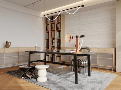 Modern Study Room Interior Design With Wooden Bookshelf Large Desk And Modern Floor Lamp 3d model