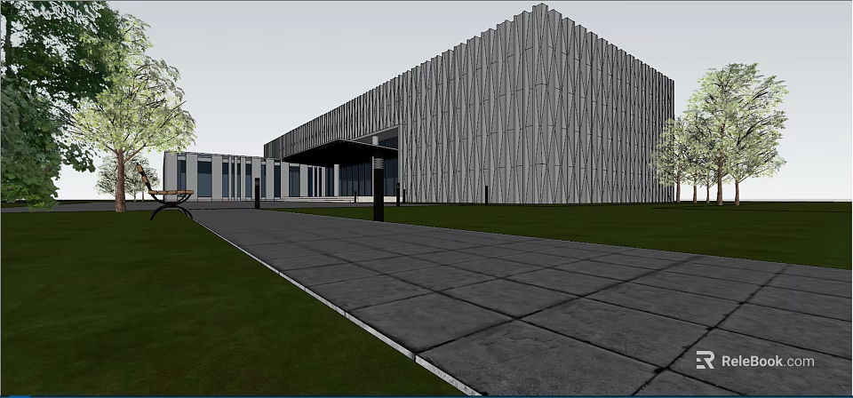 Modern Building Exterior With Vertical Striped Facade Stone Path And Lawn Area 3d model