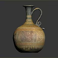 Ancient Style Sculpted Earthenware Jug With Geometric Patterns Yellow Blue Hues And Curved Handle