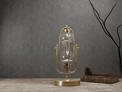 Decorative Ornament Set With Golden Hourglass Vintage Book And Pinecone On Wooden Tabletop 3d model