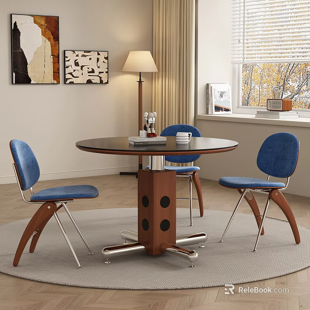 Modern Restaurant Interior With Round Dining Table Blue Chairs Wooden Legs And Wall Decor 3d model 