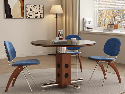 Modern Restaurant Interior With Round Dining Table Blue Chairs Wooden Legs And Wall Decor 3d model