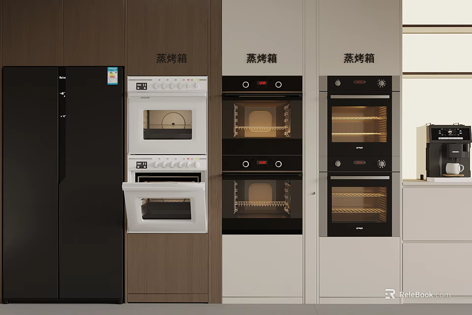 Modern Kitchen With Built In Steam Ovens And Cabinet Layout Design 3d model 