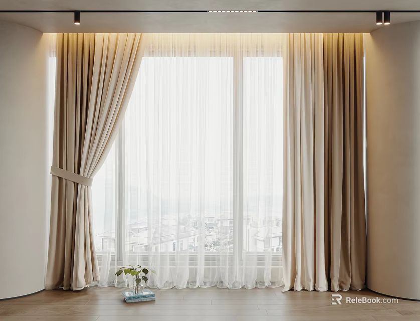 Elegant Beige Curtains With Sheer Layers In Modern Room And Window View 3d model 