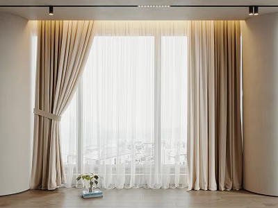 Elegant Beige Curtains With Sheer Layers In Modern Room And Window View 3d model