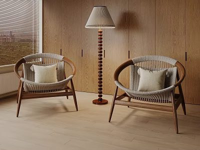 Wicker Leisure Chairs with Wooden Frame and White Cushions in Modern Indoor Living Space 3d model