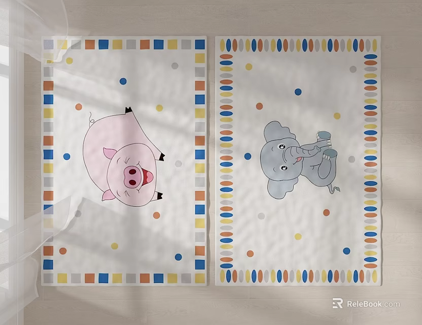 Square Rugs With Cartoon Pink Pig And Gray Elephant Colorful Dots Stripes Borders White Background 3d model 