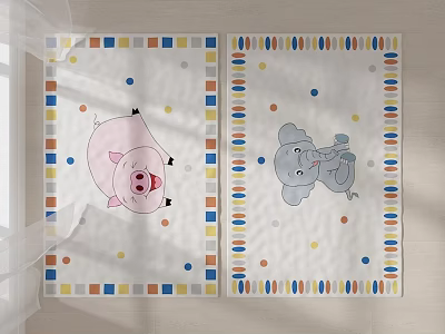 Square Rugs With Cartoon Pink Pig And Gray Elephant Colorful Dots Stripes Borders White Background 3d model