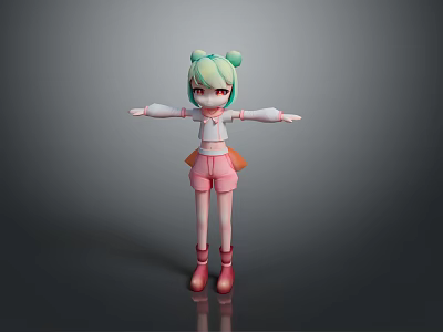 Cartoon Woman With Light Green Bun Hair White Top Pink Shorts And Outstretched Arms 3d model