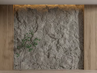 Sofa Background Wall With Gray Rough Texture Wooden Frames And Green Plant On Wooden Floor 3d model