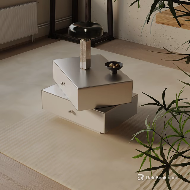 Modern Bedside Table With Drawers And Decorative Plant Accent 3d model 