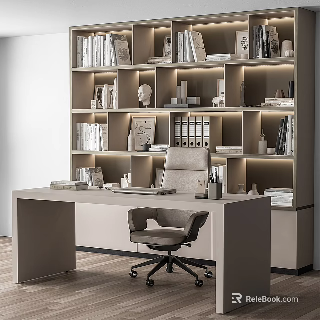 Modern Office Desk With Bookshelf Behind Books Files Decorative Sculptures Warm Lighting And Ergonomic Chair 3d model 