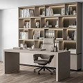 Modern Office Desk With Bookshelf Behind Books Files Decorative Sculptures Warm Lighting And Ergonomic Chair