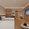 Modern Hotel Guest Room with Twin White Beds Wooden Flooring Wall TV and Dressing Table