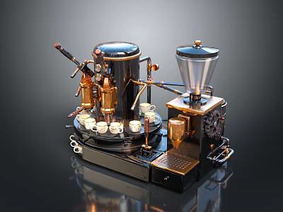 Vintage Kitchen Coffee Machine With Copper Black Design Metal Grinder And Cups 3d model