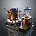 Vintage Kitchen Coffee Machine With Copper Black Design Metal Grinder And Cups