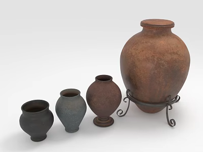 Rustic Handmade Pottery Vases in Various Sizes and Colors with Metal Stand 3d model